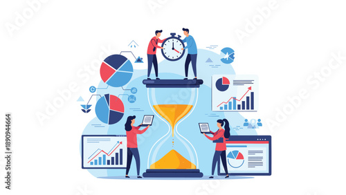 Team of analysts works around a giant hourglass surrounded by diverse financial data charts and colorful pie graphs representing time value.