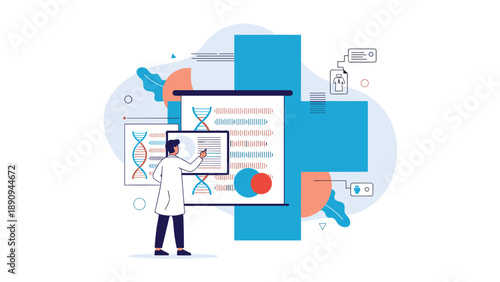 Medical professional points at a digital screen displaying complex DNA data and patient information in front of a large blue medical cross.