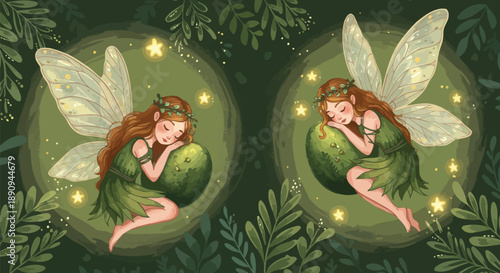 Two mystical fairies sitting in forest surrounded by leaves and lights