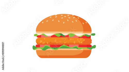 Delicious cartoon burger illustration with crispy patty, fresh vegetables, creamy sauce, and a golden sesame seed bun, perfect for fast food menus
