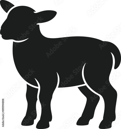 Black lamb silhouette standing profile view on white background sheep animal