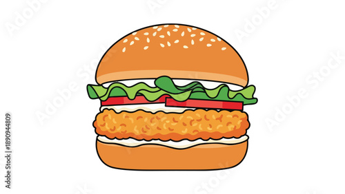 Delicious crispy chicken sandwich with fresh vegetables on a sesame bun a vibrant cartoon illustration of fast food
