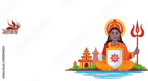 Illustration of Bagalamukhi, a Hindu goddess, seated on a lotus holding a trident and shield, with traditional temples in the background.