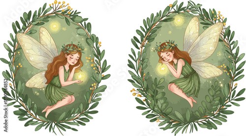 Two mystical fairies sitting in leafy oval frames with glowing lights