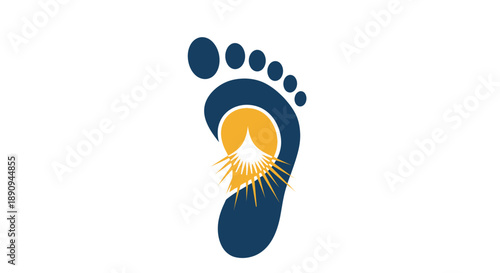 A stylized dark blue human footprint logo featuring an orange sun or dome design with radiating light rays within its arch, set against a white background.
