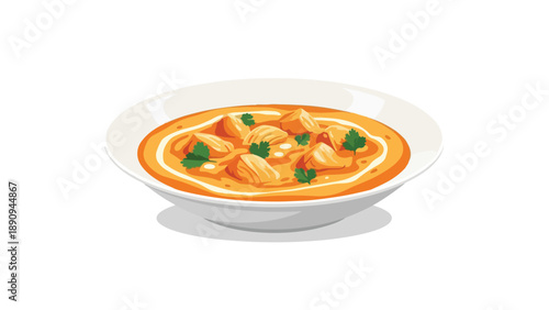 A delightful illustration of a rich, creamy chicken curry, adorned with fresh herbs, served in a pristine white bowl, showcasing a delectable and