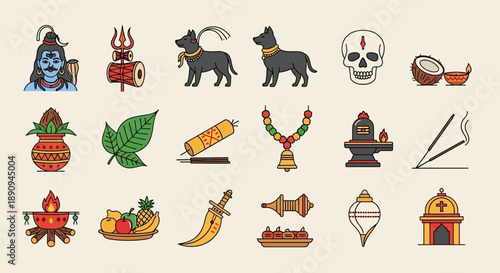 Collection of Hindu religious and cultural icons, symbols, and deities in a flat line art style. 18 icons