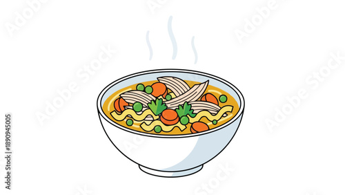 Heartwarming illustration of a classic chicken noodle soup bowl with vibrant vegetables, tender poultry, and visible steaming broth, ideal comfort