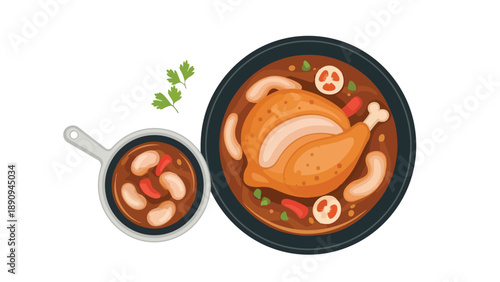 A delectable and robust culinary illustration showcasing a whole chicken immersed in a rich, savory stew, accompanied by a hearty portion of spiced