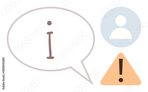 User notifications, communication symbols, security alerts, important updates, online identity, digital interface. Speech bubble, person icon warning triangle. Communication and security concept