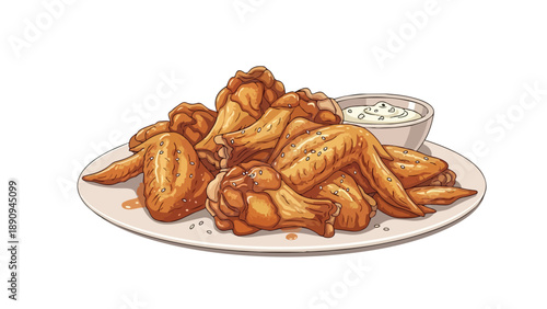 Crispy golden fried chicken wings with a creamy dipping sauce on a white plate, perfect for game day snacks or a casual meal modern illustration