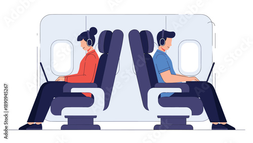 Male and female travelers sit back-to-back in airplane seats while working on their laptops and wearing noise-canceling headphones.