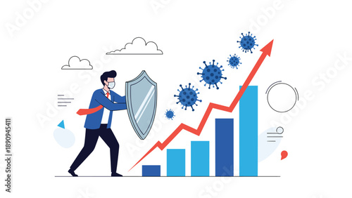 Resilient man wearing a face mask uses a shield to protect against a rising business chart filled with harmful virus icons.
