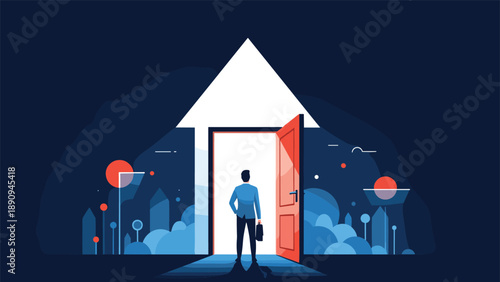 Ambitious businessman in a suit stands before an open door shaped like a large arrow to discover growth and new ventures.