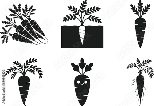 Carrot Silhouette Vector Set with Root Vegetables and Leaves