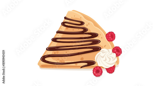 A delightful golden-brown french crêpe, elegantly folded into a triangular shape, generously adorned with a tempting swirl of decadent dark