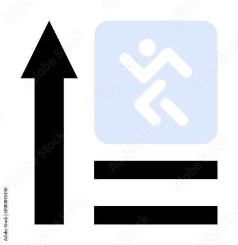 Upward arrow emphasizing progress and growth, abstract running figure symbolizing motion, horizontal lines suggesting balance. Ideal for success, achievement, motivation, performance, momentum