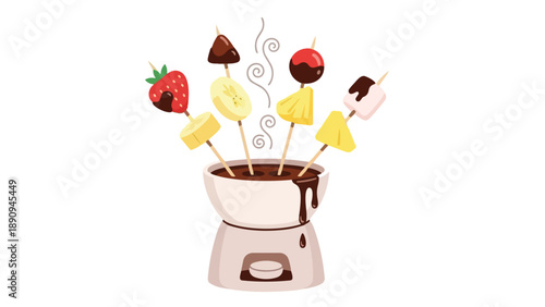 Delicious sweet chocolate fondue party offering fresh fruits like strawberries bananas pineapple and soft marshmallows on skewers perfect for