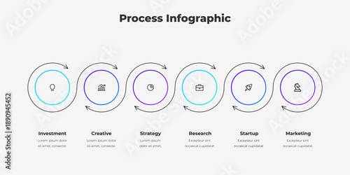 Business process infographic diagram with workflow stages and strategic steps