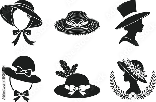Easter Bonnet Silhouette Vector Set with Vintage Hats and Floral Designs