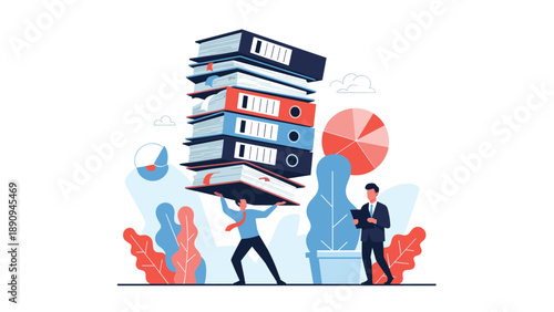 Overworked office employee carries a massive, heavy stack of documents and folders while his supervisor observes with a clipboard.