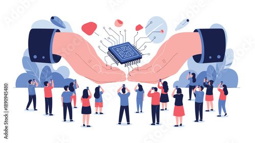 Crowd of people use their smartphones to photograph a large advanced microchip held carefully by two giant protective hands.