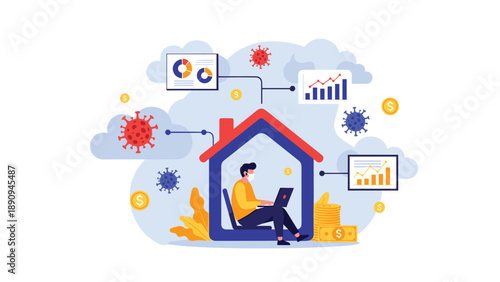 Masked professional works from home on a laptop surrounded by financial growth charts and virus icons during a pandemic.
