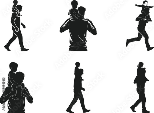 Dad Carrying Child on Shoulders Silhouette Vector Set