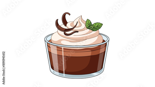 Rich chocolate mousse cup illustration, crowned with fluffy whipped cream, chocolate shavings, and fresh mint. A perfect visual for delightful,