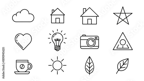 Minimal home and lifestyle line icons set including house, light bulb, camera, sun, and daily activity symbols.
