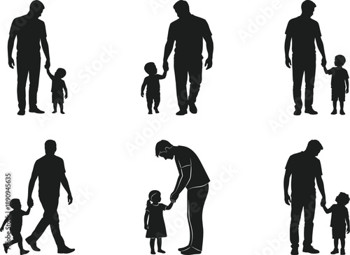 Father Holding Child’s Hand Silhouette Vector Set Illustration