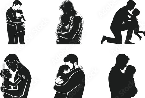 Father and Child Hugging Silhouette Vector Set Illustration