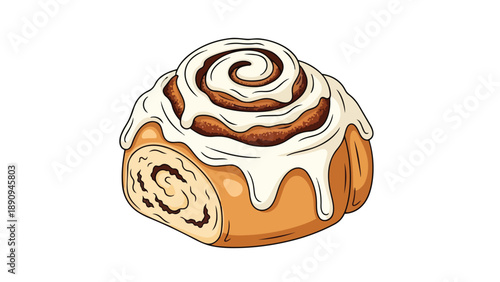 A delightful hand-drawn illustration depicting a mouth-watering cinnamon roll generously topped with sweet creamy white icing perfect for breakfast