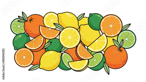 A vibrant and playful cartoon illustration showcasing a delightful abundance of fresh citrus fruits, including juicy oranges, tangy lemons, and