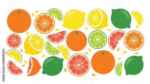 A vibrant collection of fresh zesty citrus fruits, lemons, limes, oranges and grapefruits depicted whole and in slices, forming a refreshing and