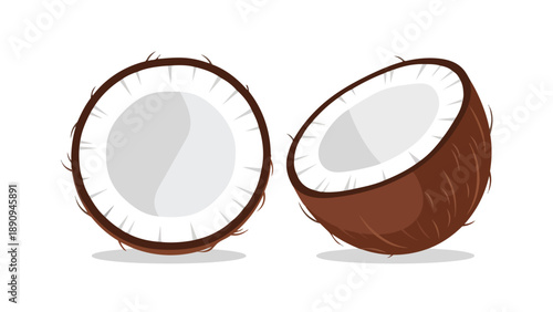 Vector art of two fresh coconut halves, displaying white flesh and brown shell. Ideal for tropical, healthy food, and drink designs. It conveys