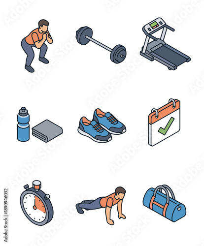 Isometric fitness man squatting barbell treadmill water bottle shoes calendar stopwatch duffel bag