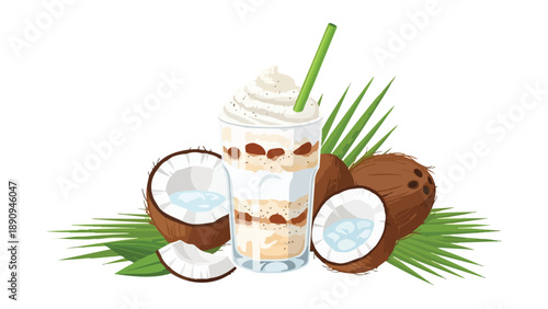 Delicious creamy tropical coconut beverage with fresh fruit and green palm leaves on a pristine white backdrop, perfectly capturing exotic