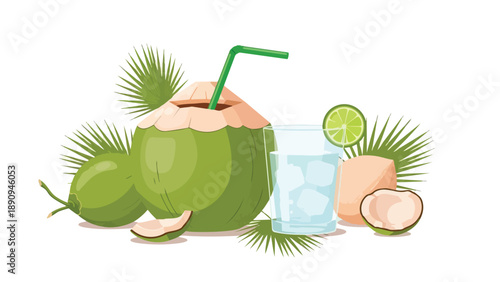Tropical coconuts and refreshing beverages. An illustration of green coconuts, one with a straw, a glass of iced water with lime, and palm leaves