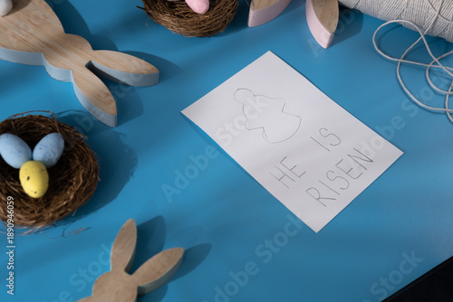 EASTER angel painting with phrase HE IS RISEN Sustainable preparation Diy process of making handmade greeting cards. Step by step activity for children. Inclusive and responsible stress relief holiday