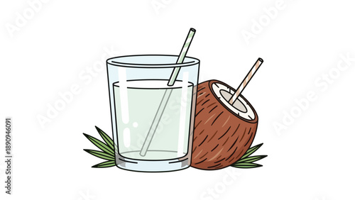 This vibrant illustration features refreshing coconut water in a glass with a straw and a freshly cracked coconut, symbolizing pure tropical