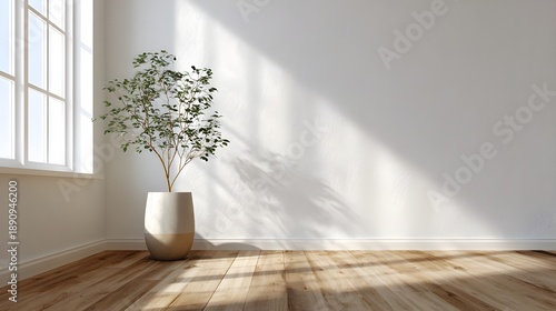 Empty white room with wooden floor and potted plant, minimal interior design