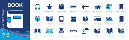 Book icon set. Containing audiobook, bestseller, book club, return, review, stack, bookmark, ebook reader, library card, open book, textbook, lamp and more. Solid vector icons collection