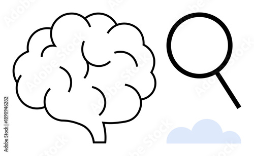 Brain with magnifying glass suggesting critical thinking, cloud accent. Ideal for education, research, innovation, psychology, creativity, problem-solving self-development. Simple flat metaphor