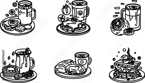 Black and white illustration of breakfast food and drinks on plates
