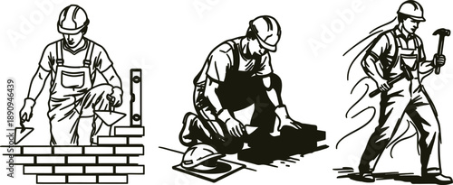 Black and white illustrations of construction workers with tools and bricks in various actions
