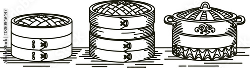 Black and white illustration of three Asian steamer baskets with lids on a table