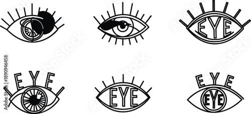 Black and white illustrations of human eyes with creative designs and the word eye  various stylized eye illustrations