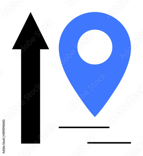 Black arrow pointing upward beside a blue map marker with lines. Ideal for navigation, growth, location, direction, progress, travel, delivery, simple flat metaphor
