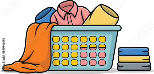 Cartoon illustration of laundry basket with clothes and folded clothes